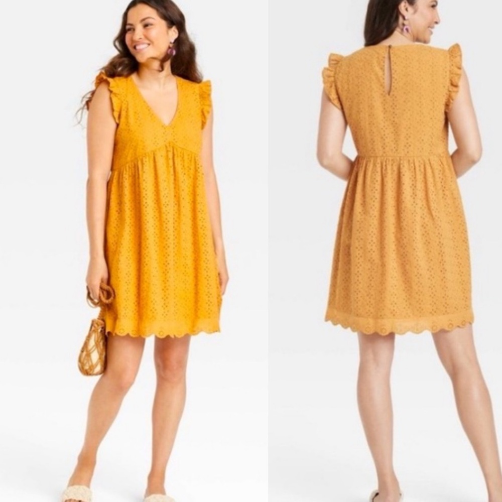 Knox Rose Mustard Yellow Eyelet Lace Babydoll Flowy Boho Western Mini Dress XL